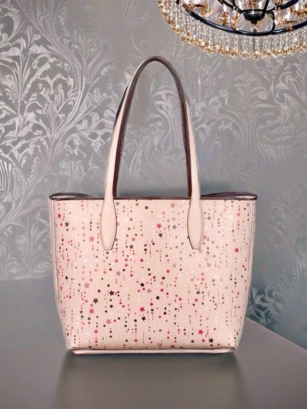 Kate Spade Twinkle Reversible Leather Tote – Pink Stars / Dark Plum